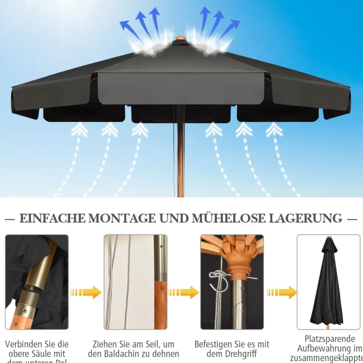 3m Sonnenschirm mit verstellvarem Neigungswinkels 8 Querstreben & Wasserdichtes Polyestergewebe mit UV-Schutz