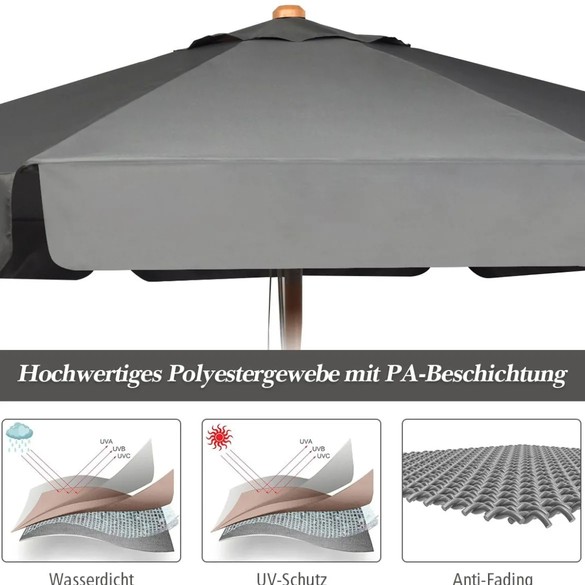 3m Sonnenschirm mit verstellvarem Neigungswinkels 8 Querstreben & Wasserdichtes Polyestergewebe mit UV-Schutz