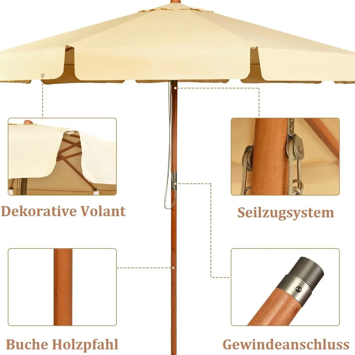 3m Sonnenschirm mit verstellvarem Neigungswinkels 8 Querstreben & Wasserdichtes Polyestergewebe mit UV-Schutz