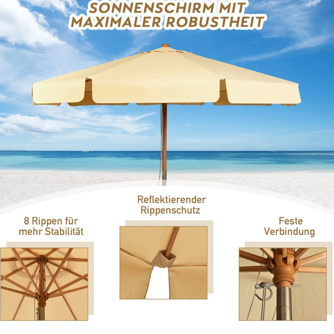 3m Sonnenschirm mit verstellvarem Neigungswinkels 8 Querstreben & Wasserdichtes Polyestergewebe mit UV-Schutz