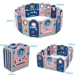 Multifunktionales Baby-Laufgitter mit Tür und Spielzeugboard 60 x 62 cm Rosa + Dunkelblau