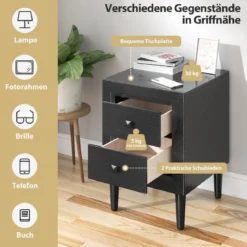 Nachttische Holz Beistelltisch mit 2 Schubladen Kaffeetisch modern Sofatisch Schwarz