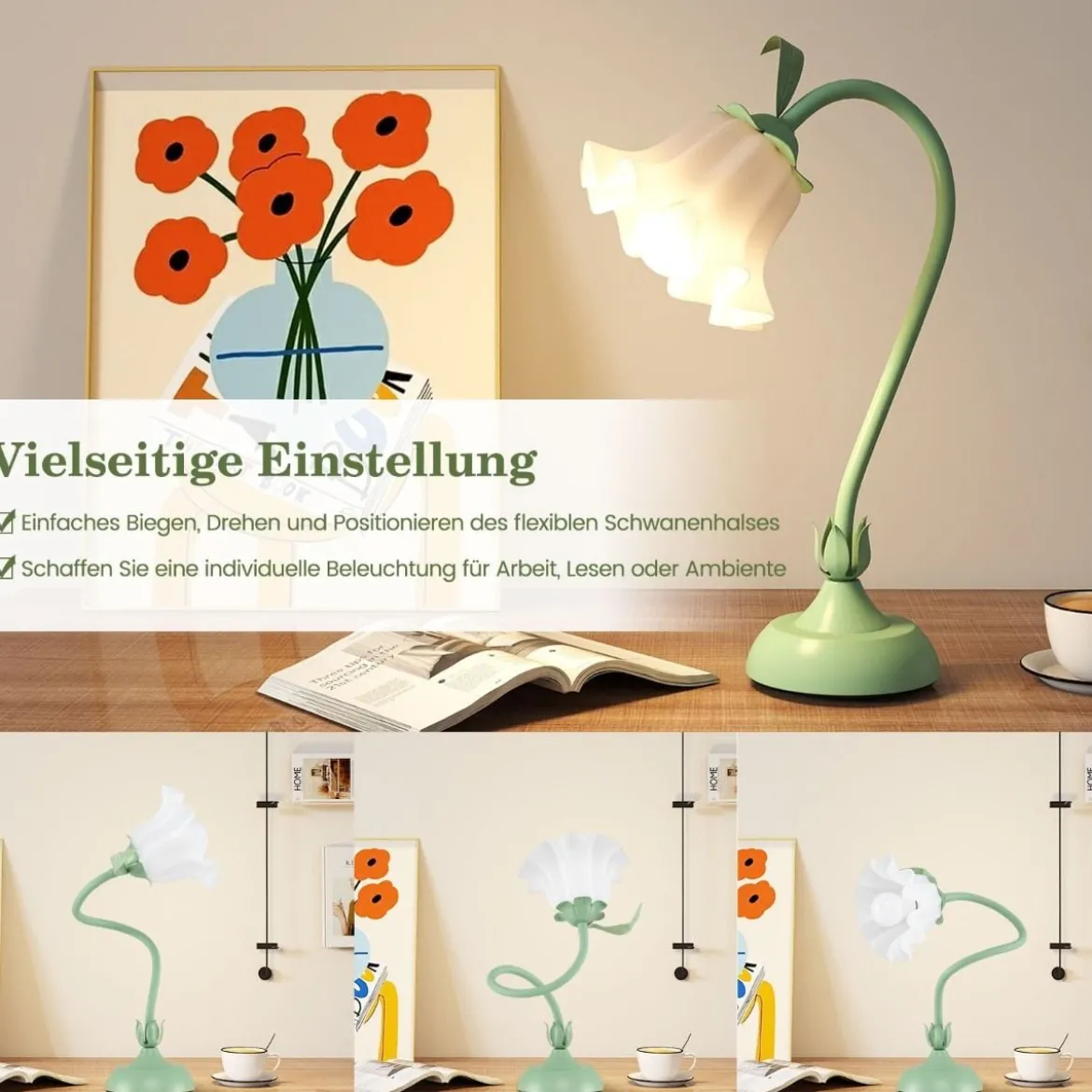 Nachttischlampe Vintage-Tischlampe mit Maiglöckchen-Acryllampenschirm & verstellbarem Stiel Grün