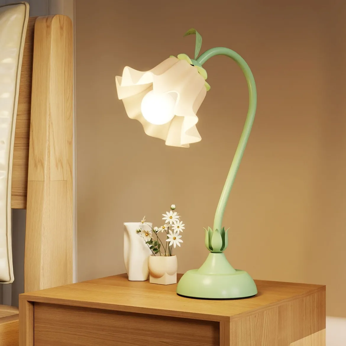 Nachttischlampe Vintage-Tischlampe mit Maiglöckchen-Acryllampenschirm & verstellbarem Stiel Grün
