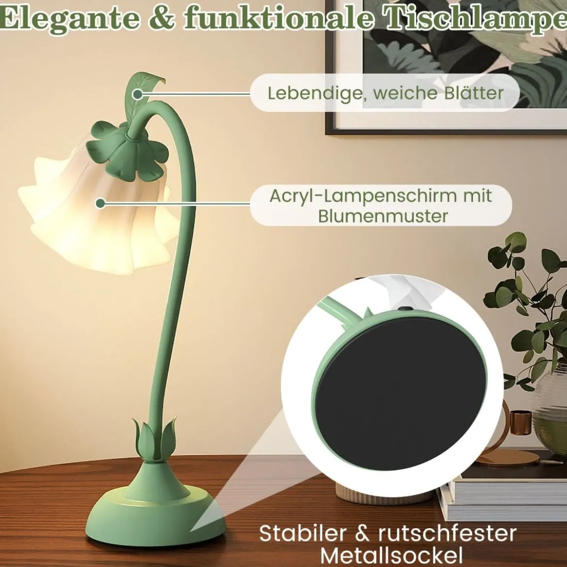 Nachttischlampe Vintage-Tischlampe mit Maiglöckchen-Acryllampenschirm & verstellbarem Stiel Grün