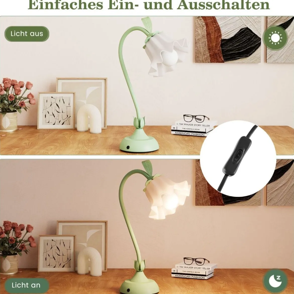 Nachttischlampe Vintage-Tischlampe mit Maiglöckchen-Acryllampenschirm & verstellbarem Stiel Grün