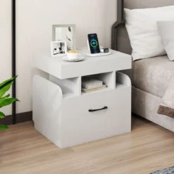 Nachttisch mit Ladestation Beistelltisch mit Schublade Nachtschrank mit offenen Fächern 50 x 40 x 55 cm Weiß