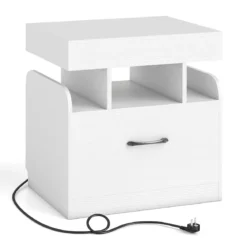 Nachttisch mit Ladestation Beistelltisch mit Schublade Nachtschrank mit offenen Fächern 50 x 40 x 55 cm Weiß