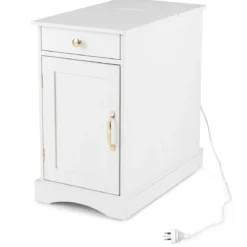 Nachttisch mit Ladestation Beistelltisch mit Verstellbarem Regal Holz Nachtschrank Weiß
