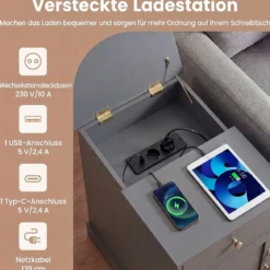 Nachttisch mit Ladestation Beistelltisch mit Verstellbarem Regal Holz Nachtschrank Grau