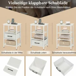 Nachttisch mit Ladestation Beistelltisch mit Stoffschublade & offenen Ablagefächern Weiß