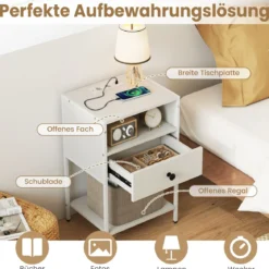 Nachttisch mit Ladestation Industrial Beistelltisch mit offenem Fach Schublade & Ablage kompakter Nachttisch Weiß