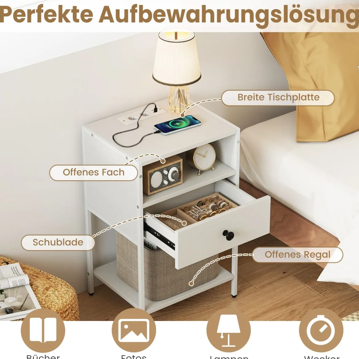 Nachttisch mit Ladestation Industrial Beistelltisch mit offenem Fach Schublade & Ablage kompakter Nachttisch Weiß