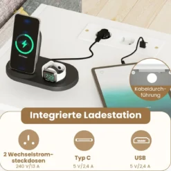 Nachttisch mit Ladestation Industrial Beistelltisch mit offenem Fach Schublade & Ablage kompakter Nachttisch Weiß