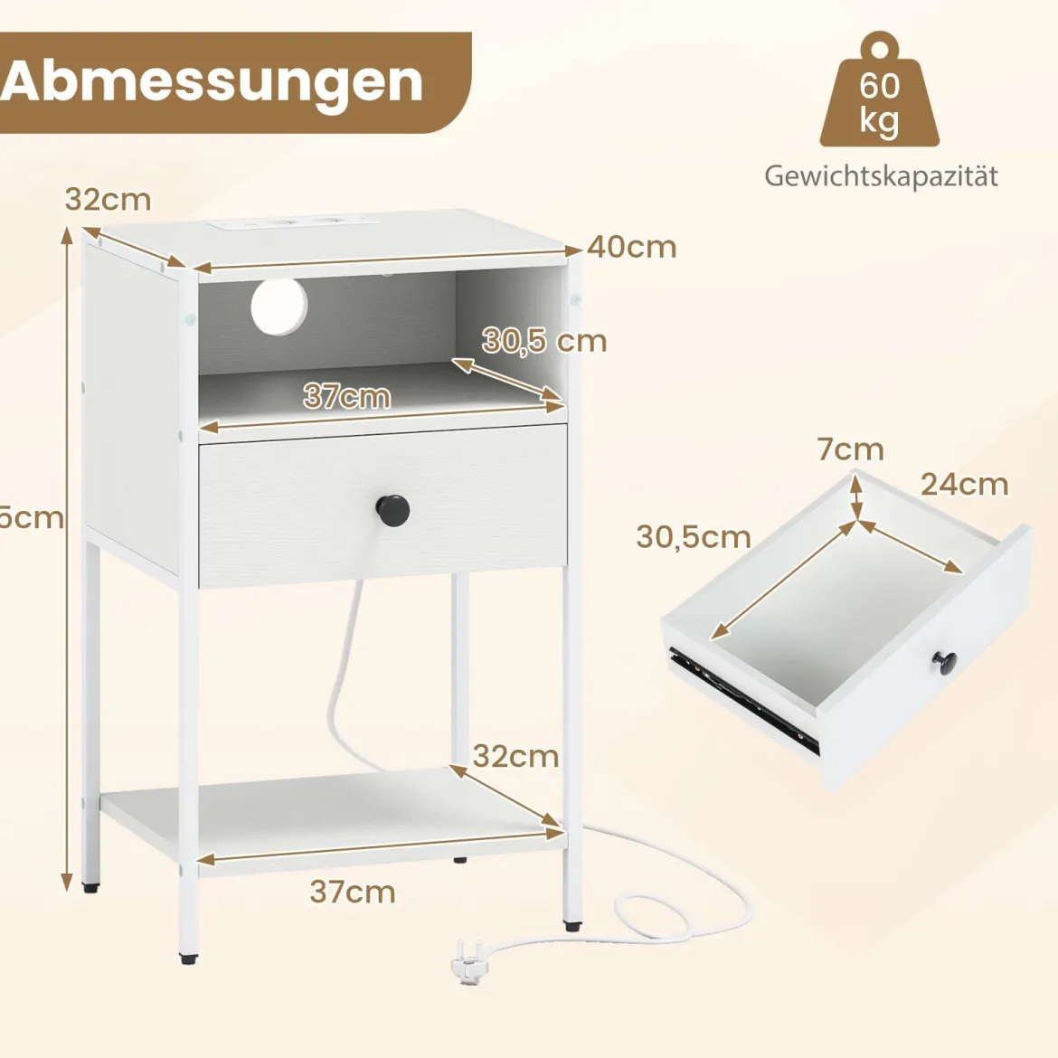 Nachttisch mit Ladestation Industrial Beistelltisch mit offenem Fach Schublade & Ablage kompakter Nachttisch Weiß