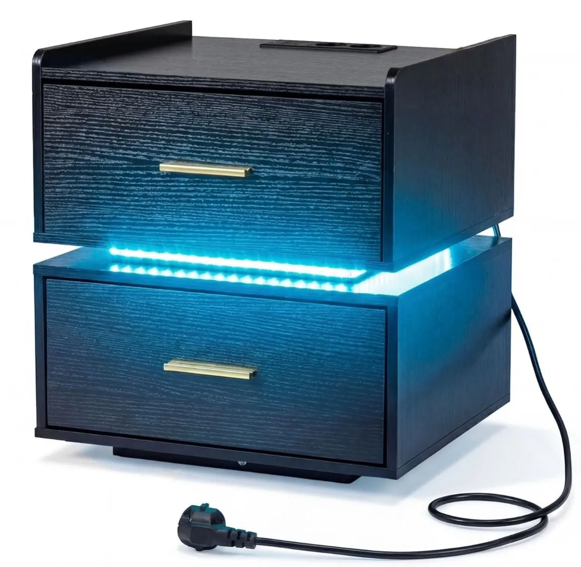 Nachttisch mit Ladestation LED-Bettisch 2 Schubladen modern halb-schwebend mit Metallfuß Schwarz