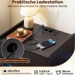Nachttisch mit Ladestation LED-Bettisch 2 Schubladen modern halb-schwebend mit Metallfuß Schwarz