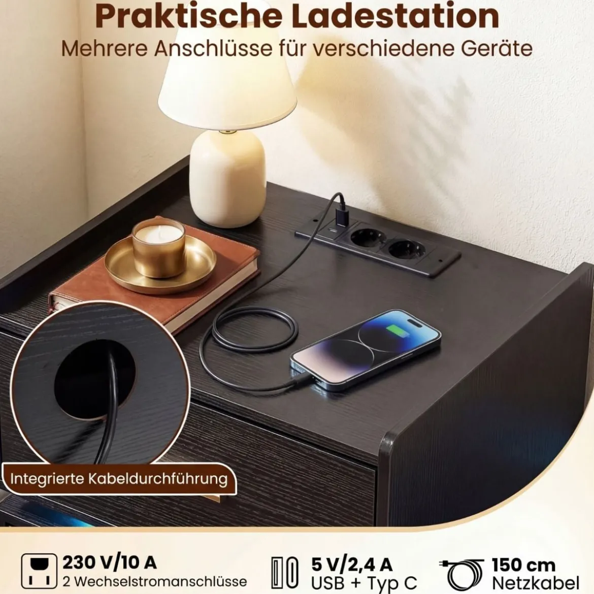 Nachttisch mit Ladestation LED-Bettisch 2 Schubladen modern halb-schwebend mit Metallfuß Schwarz