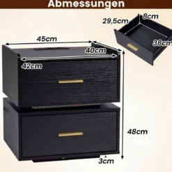 Nachttisch mit Ladestation LED-Bettisch 2 Schubladen modern halb-schwebend mit Metallfuß Schwarz