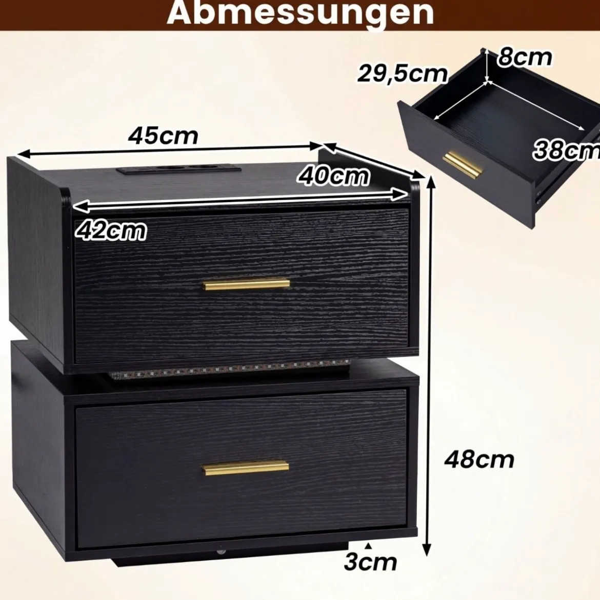 Nachttisch mit Ladestation LED-Bettisch 2 Schubladen modern halb-schwebend mit Metallfuß Schwarz