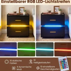 Nachttisch mit Ladestation LED-Bettisch 2 Schubladen modern halb-schwebend mit Metallfuß Schwarz