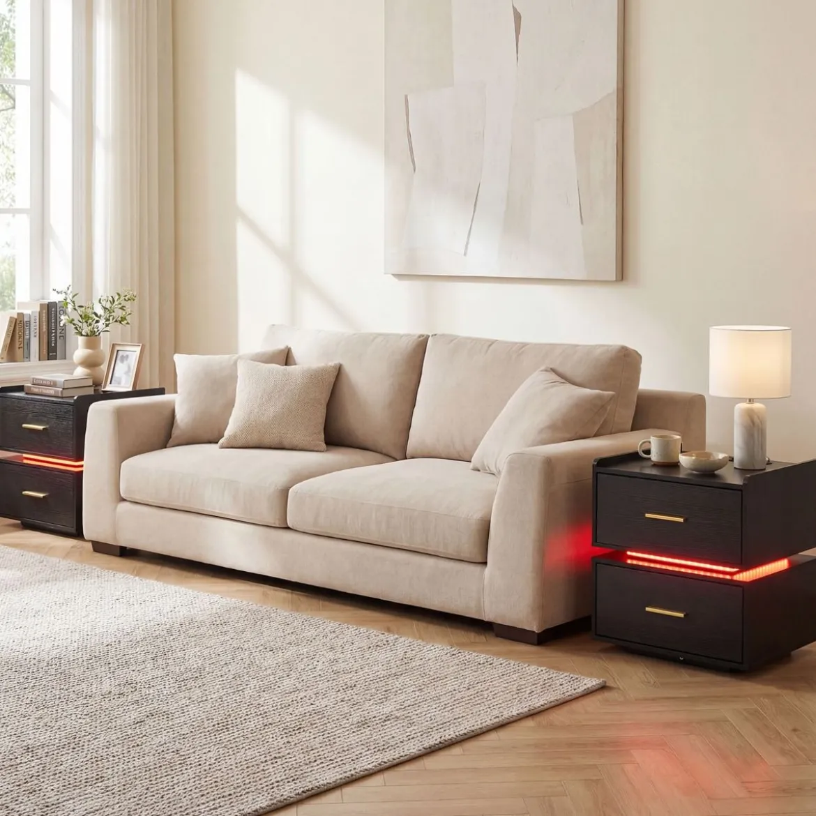 Nachttisch mit Ladestation LED-Bettisch 2 Schubladen modern halb-schwebend mit Metallfuß Schwarz