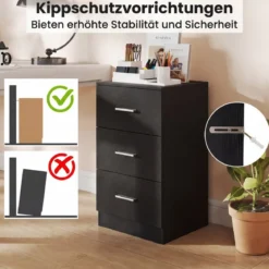 Nachttisch mit Ladestation moderner Nachtschrank mit 3 Aufbewahrungsschubladen Schwarz 38 x 35 x 66 cm