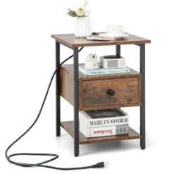 Nachttisch mit Ladestation & Schublade Nachtschrank mit offenen Ablagen 40 x 40 x 55 cm