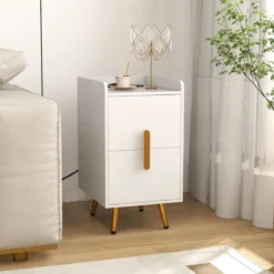 Nachttisch mit Ladestation schmaler Nachtschrank mit 2 Schubladen & USB-Anschlüssen 40 x 32 x 60 cm Weiß