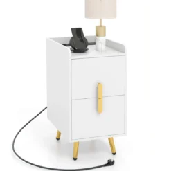 Nachttisch mit Ladestation schmaler Nachtschrank mit 2 Schubladen & USB-Anschlüssen 40 x 32 x 60 cm Weiß