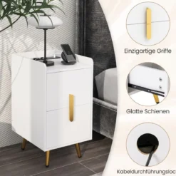 Nachttisch mit Ladestation schmaler Nachtschrank mit 2 Schubladen & USB-Anschlüssen 40 x 32 x 60 cm Weiß