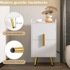 Nachttisch mit Ladestation schmaler Nachtschrank mit 2 Schubladen & USB-Anschlüssen 40 x 32 x 60 cm Weiß