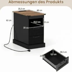 Nachttisch mit Ladestation schmaler Beistelltisch mit offenem Ablagefach & 2 Schubladen Schwarz