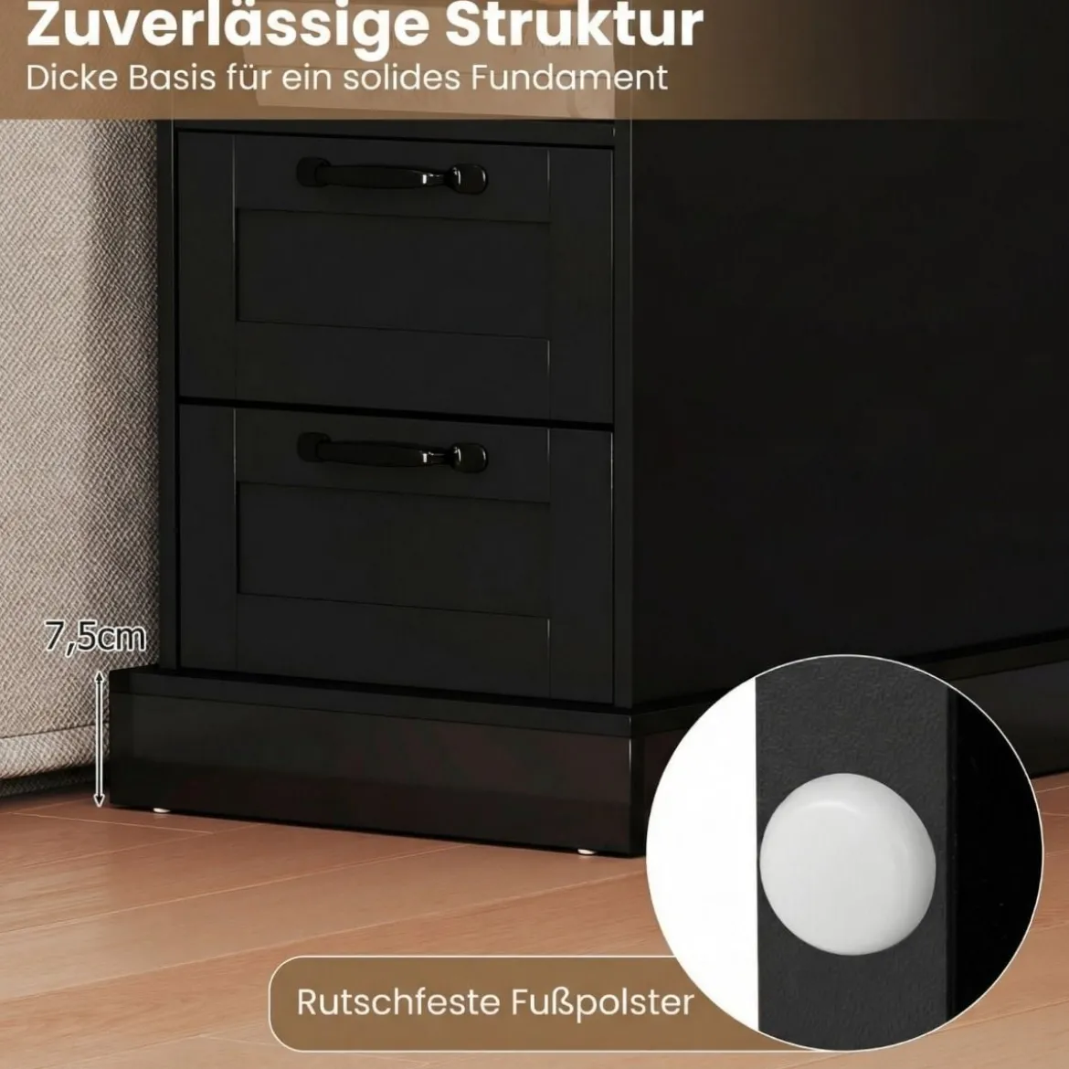 Nachttisch mit Ladestation schmaler Beistelltisch mit offenem Ablagefach & 2 Schubladen Schwarz