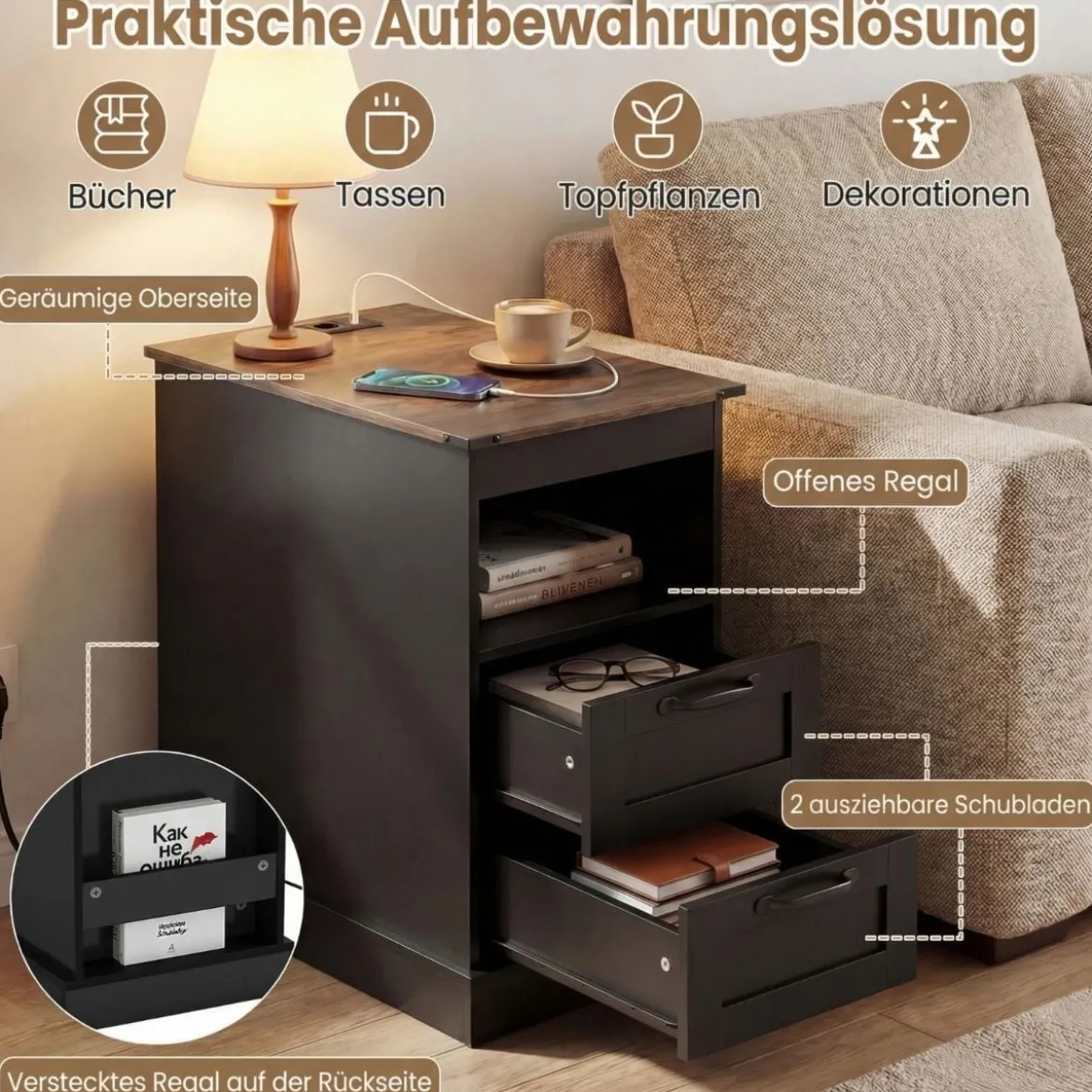 Nachttisch mit Ladestation schmaler Beistelltisch mit offenem Ablagefach & 2 Schubladen Schwarz