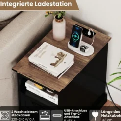 Nachttisch mit Ladestation schmaler Beistelltisch mit offenem Ablagefach & 2 Schubladen Schwarz