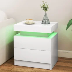 Nachttisch mit LED-Leuchten Nachtkommode mit 2 Schubladen moderner Beistelltisch Weiß