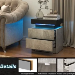 Nachttisch mit LED-Leuchten & 2 Schubladen & Fernbedienung Nachtschrank 45 x 35 x 52cm Grau