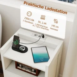 Nachttisch mit LED-Lichtern & Ladestation Nachtschrank mit 2 Schubladen & offenem Ablagefach Beistelltisch Weiß 45 x 35 x 60 cm