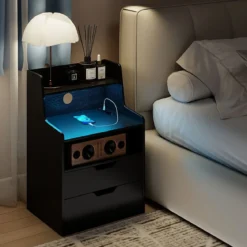 Nachttisch mit LED-Lichtern & Ladestation Beistelltisch mit 2 Schubladen & offenem Fach moderner Nachtschrank Schwarz