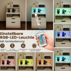 Nachttisch mit LED-Lichtern & Ladestation Beistelltisch mit 2 Schubladen & offenem Fach moderner Nachtschrank Weiß