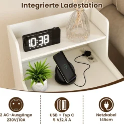 Nachttisch mit LED-Lichtern & Ladestation Beistelltisch mit 2 Schubladen & offenem Fach moderner Nachtschrank Weiß
