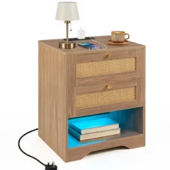 Nachttisch mit LED-Lichtern und Ladestation Beistelltisch Ratten mit Offenem Fach 50 x 40 x 60 cm