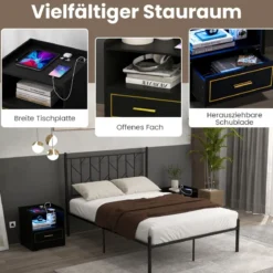 Nachttisch mit LED Licht USB-Anschluss und Typ-C-Ladestation Nachtschrank mit Bewegungssensor Schwarz
