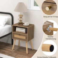 Nachttisch mit Rattanverzierung kleine Beistelltisch im Boho-Stil mit Schublade Natur