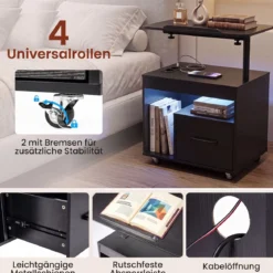 Nachttisch mit Rollen LED Nachtschrank mit Neigbarer Tischplatte Ladestation & Steckdosen Schwarz