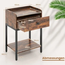 Nachttisch mit Schublade Beistelltisch mit offener Ablage 42 x 30 x 60 cm Rustikales Braun