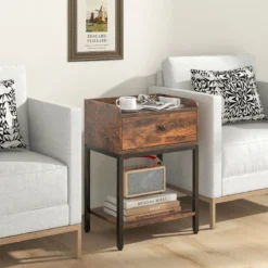 Nachttisch mit Schublade Beistelltisch mit offener Ablage 42 x 30 x 60 cm Rustikales Braun