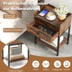 Nachttisch mit Schublade Beistelltisch mit offener Ablage 42 x 30 x 60 cm Rustikales Braun