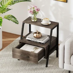 Nachttisch mit Schublade Beistelltisch mit offnem Regal und Metallrahmen Sofatisch Nachtkommode für Wohnzimmer 45 x 35 x 52,5 cm